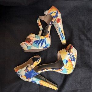 Hot Tomato Heels Chunky Tall Strappy Heels Tropical Print